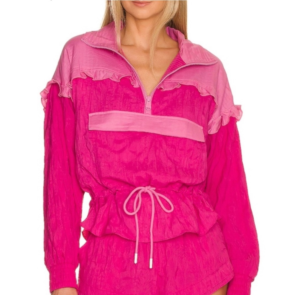 85 Free People Let's Go Out Pink Ruffle Jacket  Medium NWOT RETAIL 128.00